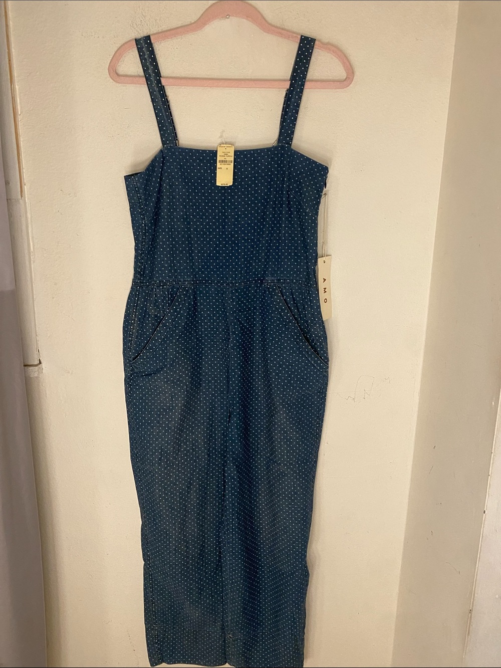 AMO Navy Blue Polka Dot Denim Jumpsuit